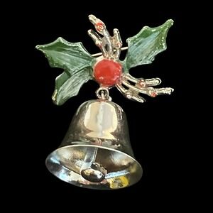 Vintage Christmas Holly Bell Brooch Festive Holiday Enamel Pin